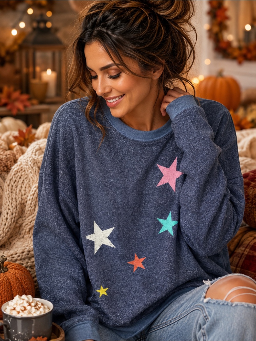Wildfox Medium Gray Star Graphic Oversized Sweatshirt Pullover